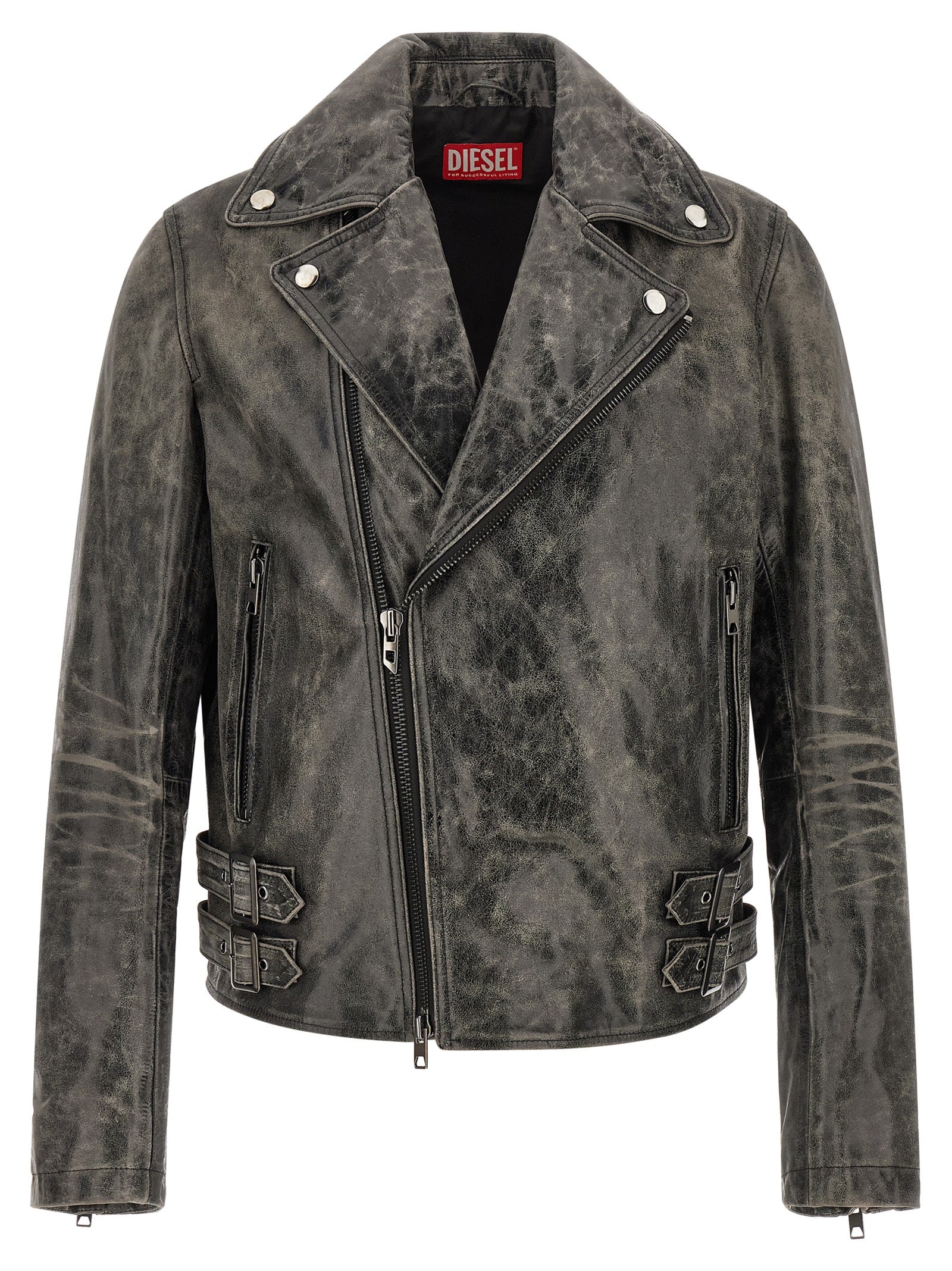 This Jacket by Diesel for men in bos taurus cowhide leather gray showcases a magnificent silhouette, meticulously crafted with a distinctive and functional for a magnificent finish.