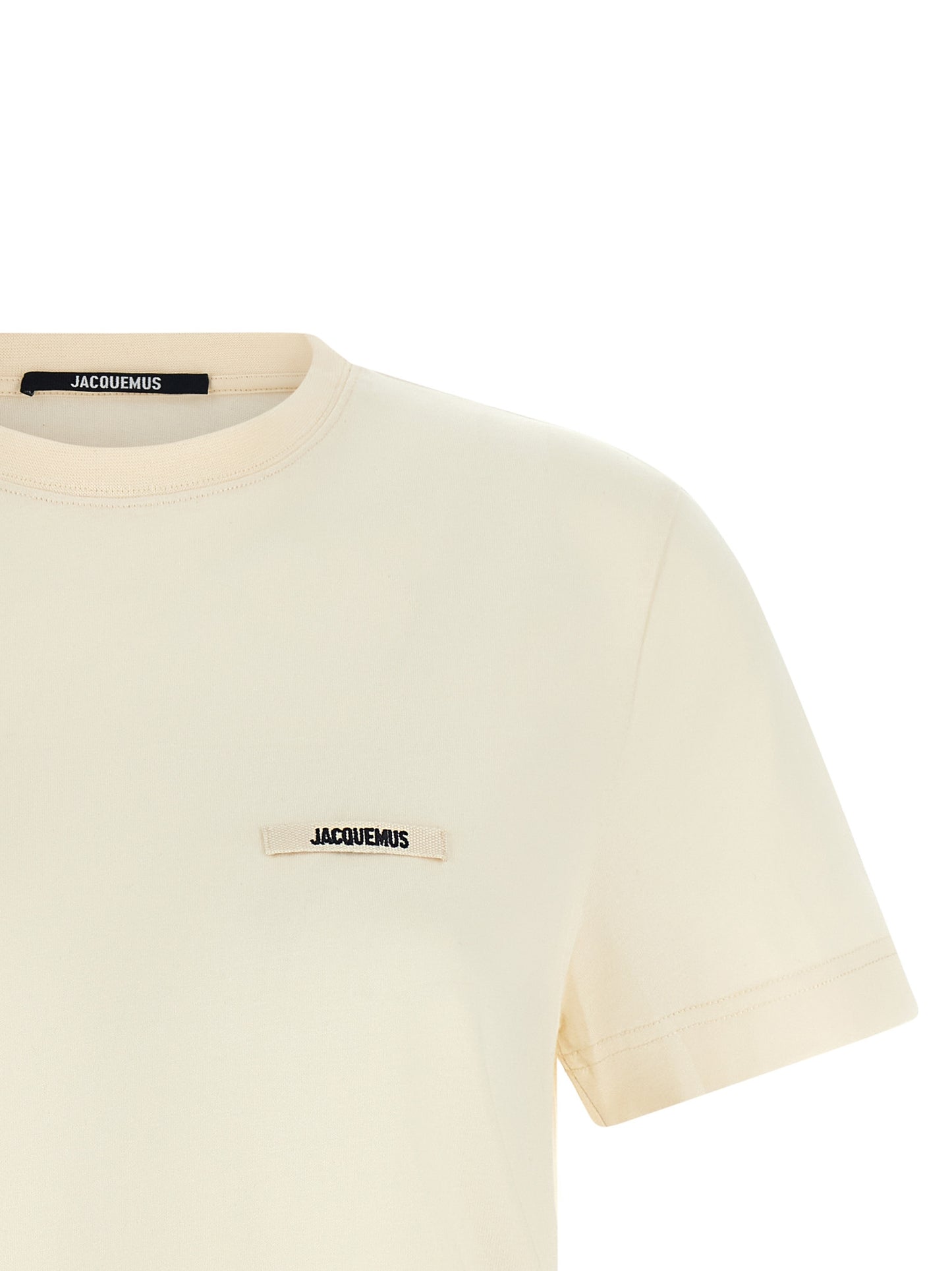 T-Shirt by Jacquemus for women in cotton beige, black & signature showcases a dramatic silhouette, elegantly detailed with a dramatic crew neckline and for a truly dramatic finish.