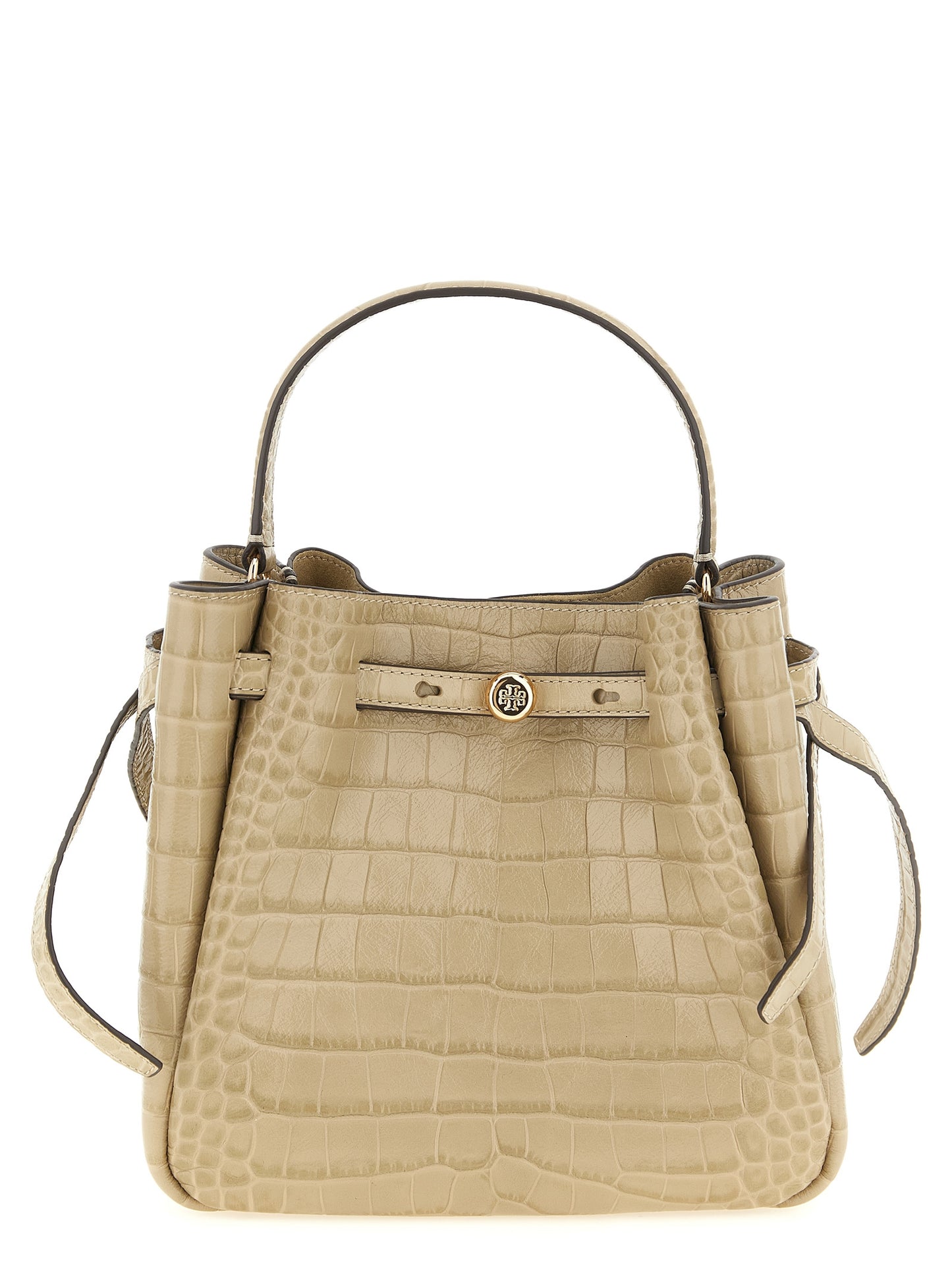 Small Bucket Shoulder Bag by Tory Burch for women in croc skin bos taurus suede calf leather beige, gold & print presents a versatile silhouette, showcasing a secure magnetic and versatile with versatile shoulder-strap, handle & adjustable-strap for a sophisticated look.