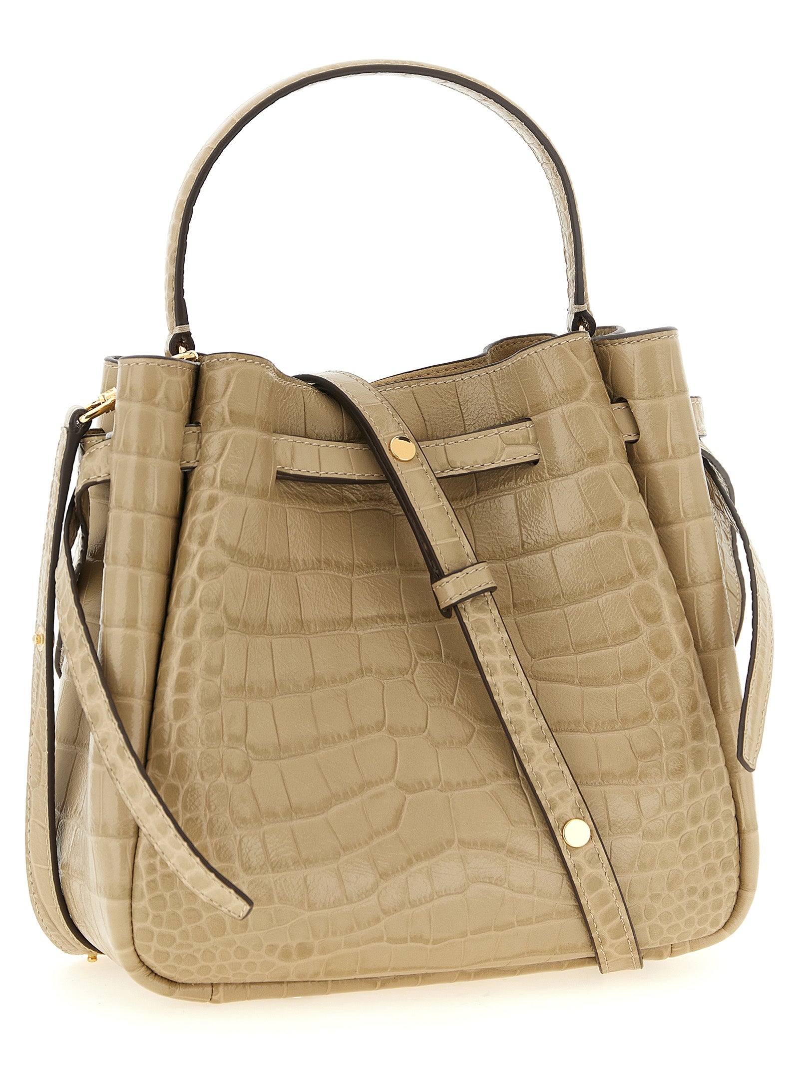 Small Bucket Shoulder Bag by Tory Burch for women in croc skin bos taurus suede calf leather beige, gold & print features a distinguished silhouette, showcasing a secure magnetic and distinguished with versatile shoulder-strap, handle & adjustable-strap for a distinguished finish.