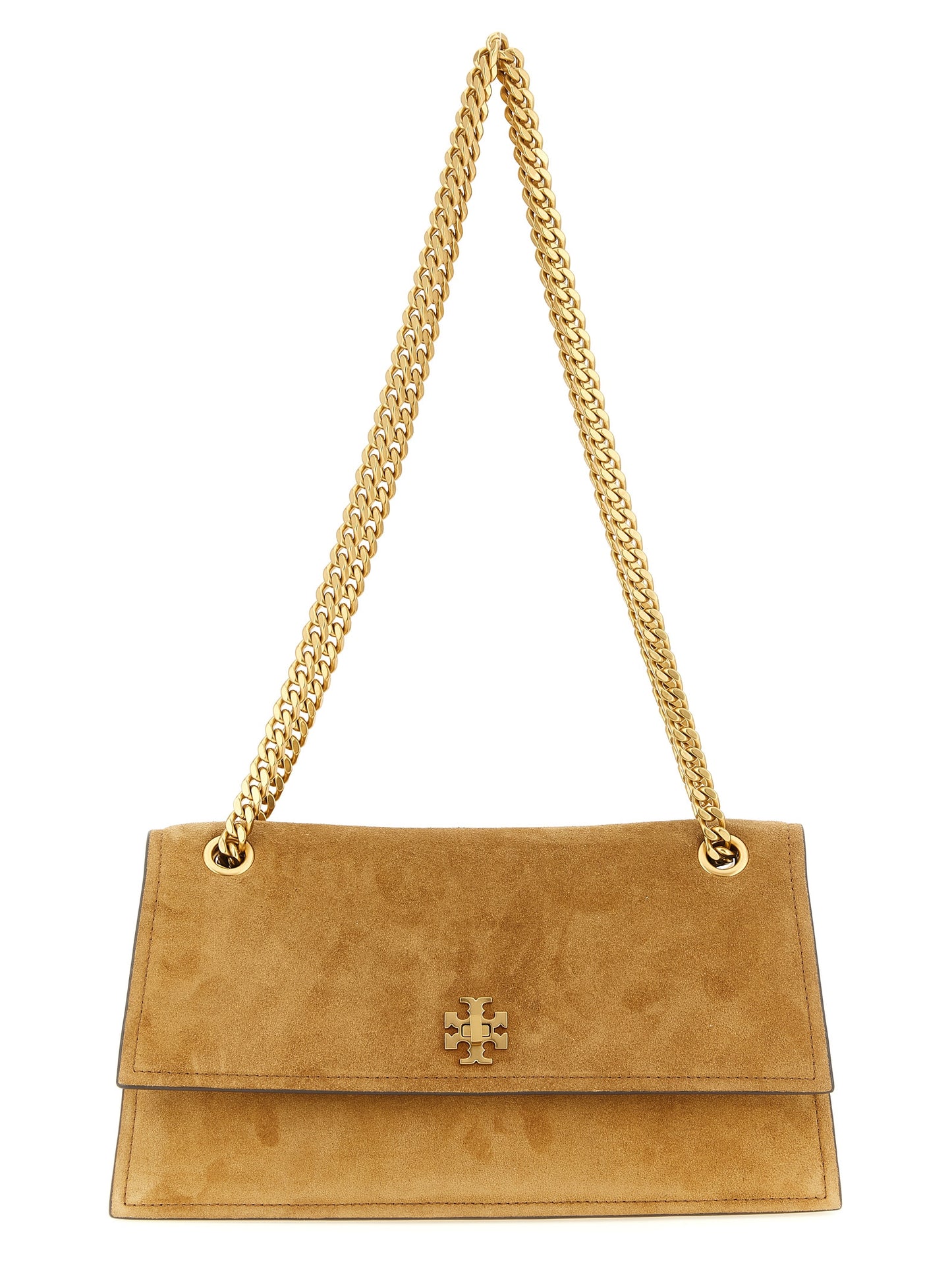Shoulder Flap Bag by Tory Burch for women in suede calfskin leather brown & gold presents a versatile silhouette, showcasing a secure flap and versatile with versatile shoulder-strap for a sophisticated look.