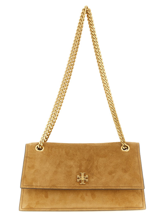 Shoulder Flap Bag by Tory Burch for women in suede calfskin leather brown & gold presents a versatile silhouette, showcasing a secure flap and versatile with versatile shoulder-strap for a sophisticated look.