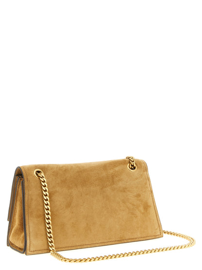Shoulder Flap Bag by Tory Burch for women in suede calfskin leather brown & gold features a distinguished silhouette, showcasing a secure flap and distinguished with versatile shoulder-strap for a distinguished finish.