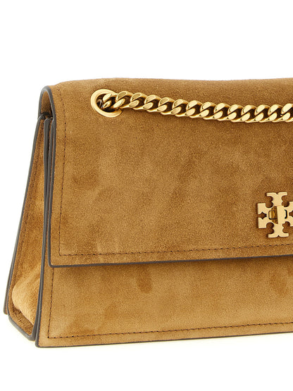 Shoulder Flap Bag by Tory Burch for women in suede calfskin leather brown & gold showcases a enviable silhouette, artfully detailed with a secure flap, organized , and versatile shoulder-strap for a enviable look.