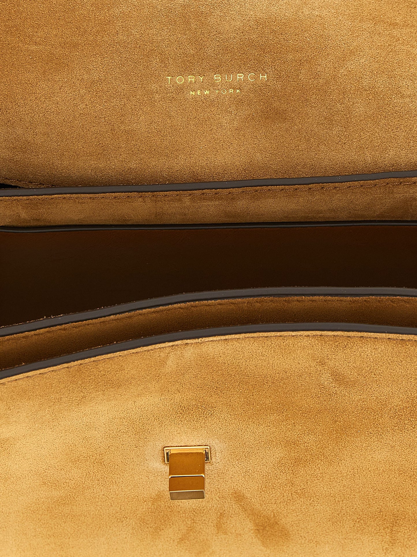 Shoulder Flap Bag by Tory Burch for women in suede calfskin leather brown & gold features an effortlessly chic silhouette with a secure flap, ample , and versatile shoulder-strap for effortlessly chic everyday luxury.