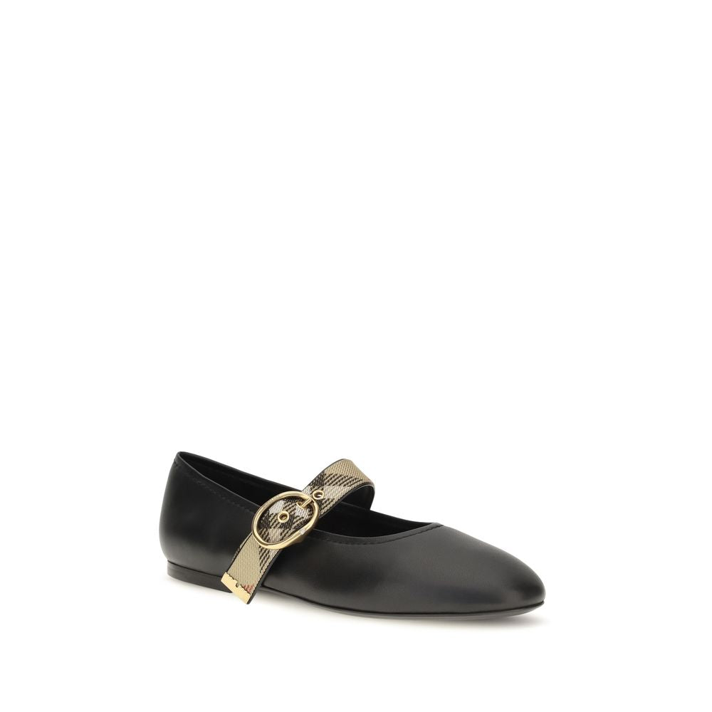 Ballet Flat Shoes by Burberry for women in bos taurus calf leather black, patterned & signature features an statuesque silhouette from the Women's Bos Taurus Calf Leather Ballet Flat Shoes collection, showcasing a and a statuesque for a statuesque look.