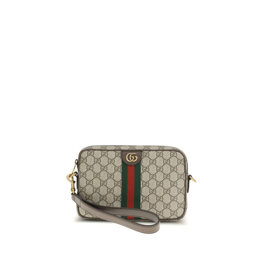 Small Shoulder Clutch Bag by Gucci for men in polyamide polyurethane leather & cotton beige, brown, dark-green, gold, multicolor, red, signature, monogram & striped presents a versatile silhouette, showcasing a secure and versatile with versatile shoulder-strap, detachable-strap & handle for a sophisticated look.