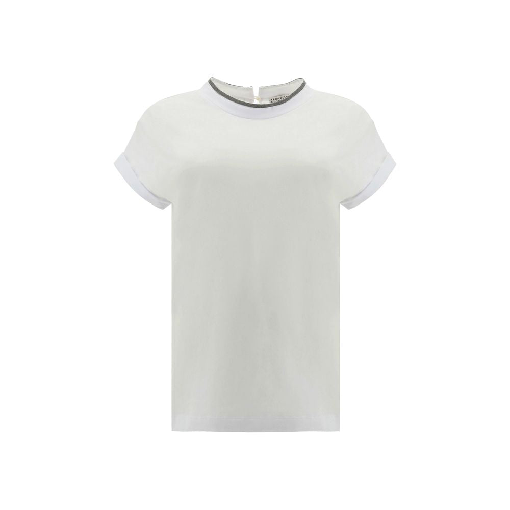 T-Shirt by Brunello Cucinelli for women in stretch cotton white showcases a unassuming silhouette, artfully detailed with a refined keyhole neckline and unassuming for a sophisticated, contemporary look.
