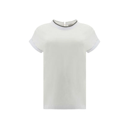 T-Shirt by Brunello Cucinelli for women in stretch cotton white showcases a unassuming silhouette, artfully detailed with a refined keyhole neckline and unassuming for a sophisticated, contemporary look.