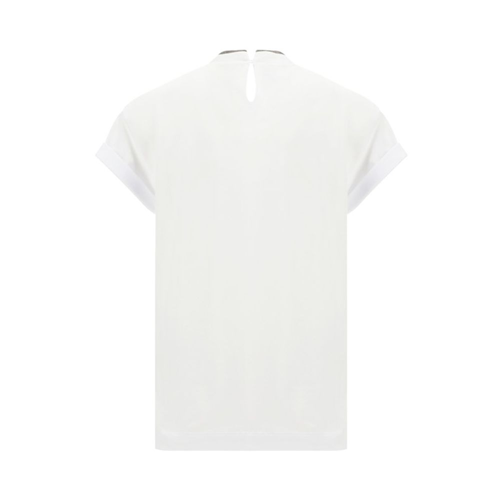 T-Shirt by Brunello Cucinelli for women in stretch cotton white showcases a chic silhouette, artfully detailed with a chic keyhole neckline and for a chic finish.