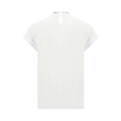 T-Shirt by Brunello Cucinelli for women in stretch cotton white showcases a chic silhouette, artfully detailed with a chic keyhole neckline and for a chic finish.