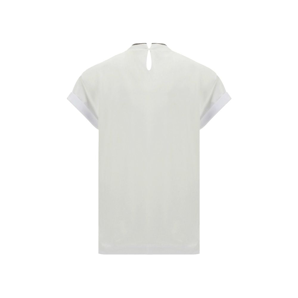 T-Shirt by Brunello Cucinelli for women in stretch cotton white showcases a fashionable silhouette, elegantly detailed with a fashionable and keyhole neckline for a sophisticated, high-fashion look.