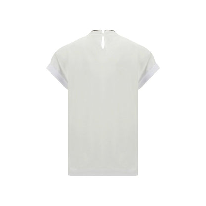 T-Shirt by Brunello Cucinelli for women in stretch cotton white showcases a fashionable silhouette, elegantly detailed with a fashionable and keyhole neckline for a sophisticated, high-fashion look.