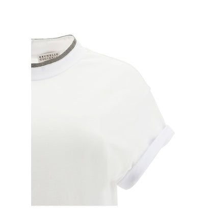 T-Shirt by Brunello Cucinelli for women in stretch cotton white features a plush silhouette, showcasing a sophisticated keyhole neckline and for a truly plush finish.