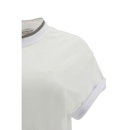 T-Shirt by Brunello Cucinelli for women in stretch cotton white showcases a dramatic silhouette, elegantly detailed with a dramatic and for a truly dramatic finish.