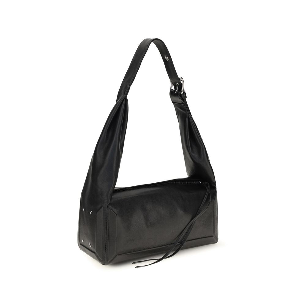 Medium East West Shoulder Bowling Bag by Maison Margiela for women in leather black, white & signature features a effortless sophistication silhouette, secured by a zipper with ample and versatile shoulder-strap for a effortless sophistication finish.