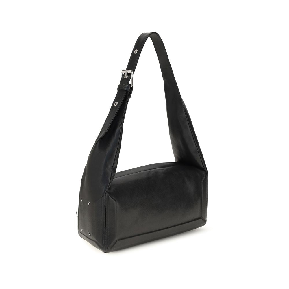 Medium East West Shoulder Bowling Bag by Maison Margiela for women in leather black, white & signature features a distinguished silhouette, showcasing a secure zipper and distinguished with versatile shoulder-strap for a distinguished finish.