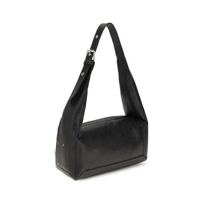 Medium East West Shoulder Bowling Bag by Maison Margiela for women in leather black, white & signature features a distinguished silhouette, showcasing a secure zipper and distinguished with versatile shoulder-strap for a distinguished finish.