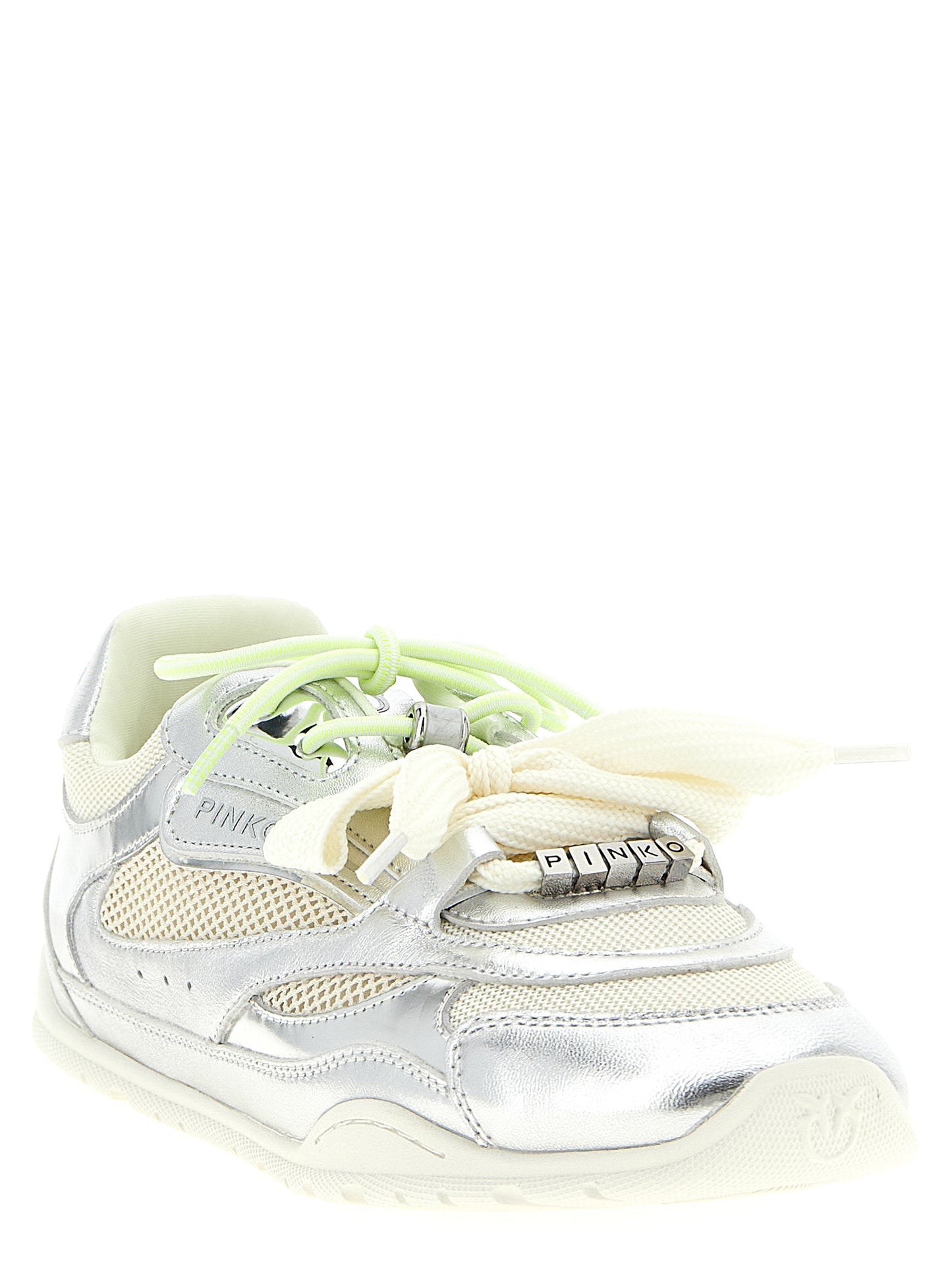 Athletic Sneakers by PINKO for women in polyester polyurethane leather & mesh silver presents a sleek silhouette, perfectly capturing the athletic style essence of Women's Athletic Polyester Polyurethane Leather & Mesh Sneakers with its sleek design and premium finish.