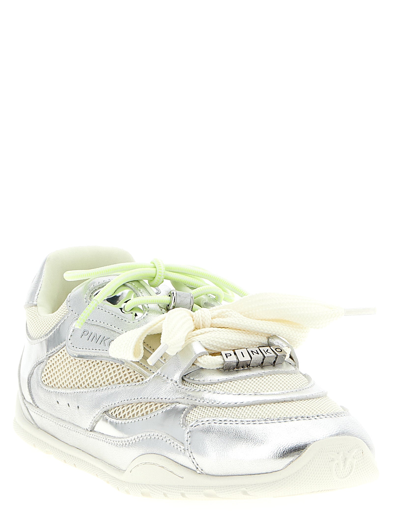 Athletic Sneakers by PINKO for women in polyester polyurethane leather & mesh silver presents a sleek silhouette, perfectly capturing the athletic style essence of Women's Athletic Polyester Polyurethane Leather & Mesh Sneakers with its sleek design and premium finish.