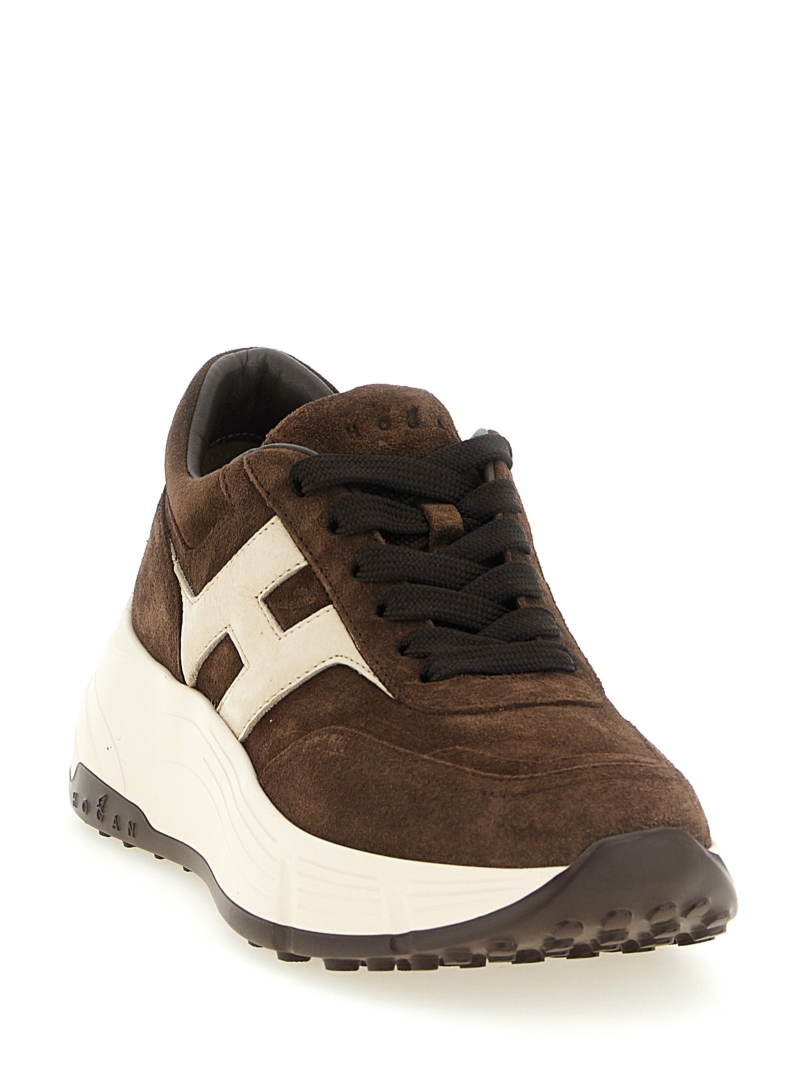 Athletic Sneakers by Hogan for women in nubuck bos taurus calfskin suede leather brown & cream features an timeless silhouette from the Women's Athletic Nubuck Bos Taurus Calfskin Suede Leather Sneakers collection, showcasing a timeless athletic style for a timeless look.