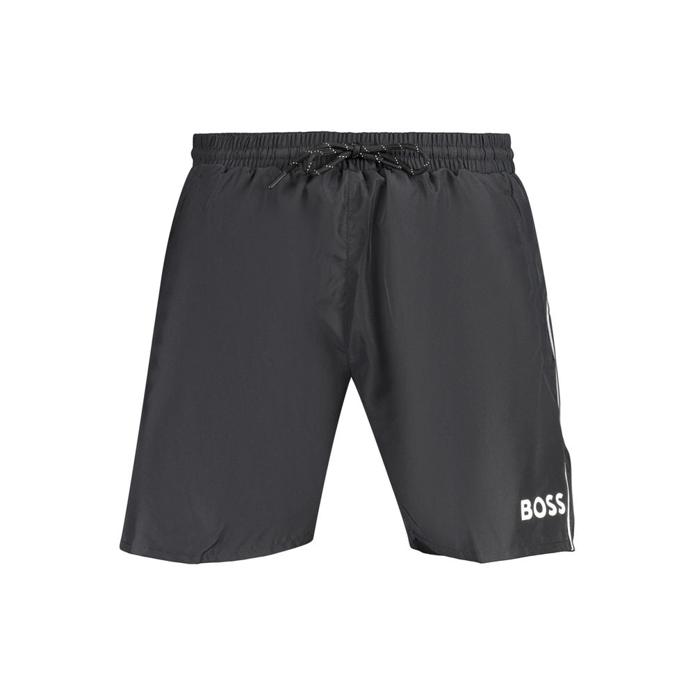 Swim Shorts by Hugo Boss for men in polyester black & print features an glamourous silhouette from the Waves Men's Polyester Swim Shorts collection, highlighting a refined fit and glamourous cut for a premium poolside look.