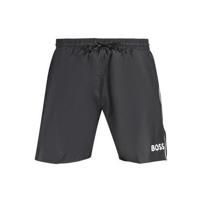 Swim Shorts by Hugo Boss for men in polyester black & print features an glamourous silhouette from the Waves Men's Polyester Swim Shorts collection, highlighting a refined fit and glamourous cut for a premium poolside look.