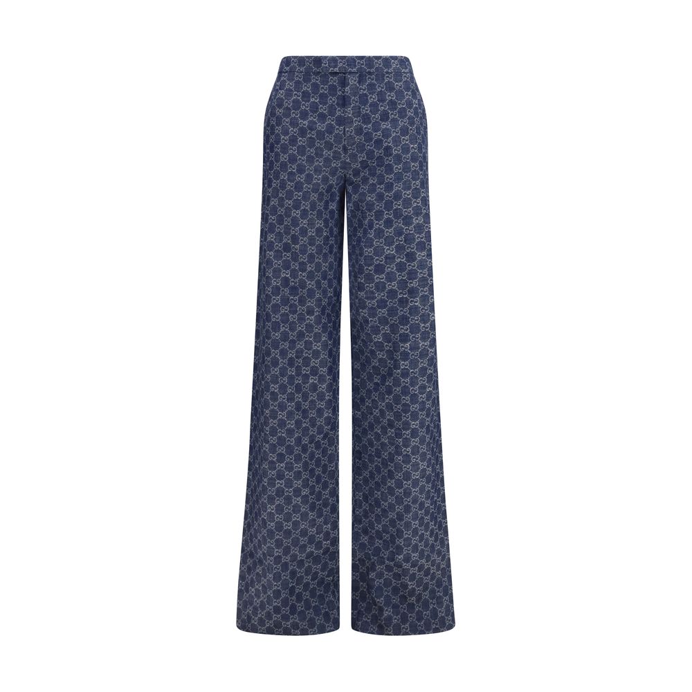 Casual Pants by Gucci for women in denim cotton blue & jacquard features an refined tailoring silhouette, showcasing a premium regular-fit with a and long cut for a refined tailoring look.