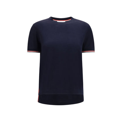 T-Shirt by Thom Browne for women in merino wool blue showcases a unassuming silhouette, artfully detailed with a refined crew neckline and unassuming short-sleeve for a sophisticated, contemporary look.