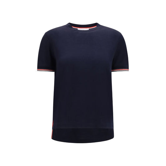 T-Shirt by Thom Browne for women in merino wool blue showcases a unassuming silhouette, artfully detailed with a refined crew neckline and unassuming short-sleeve for a sophisticated, contemporary look.