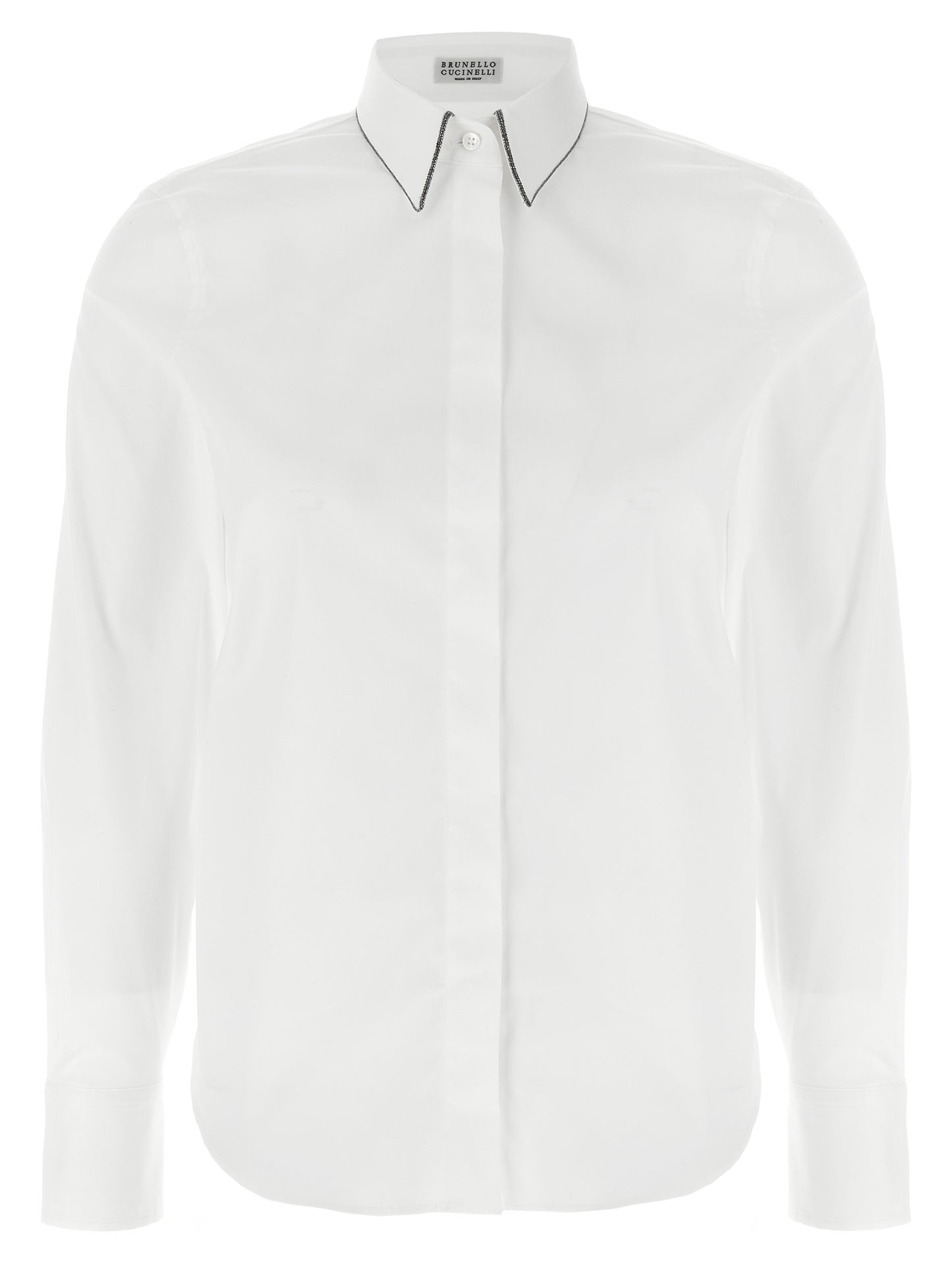 Blouse by Brunello Cucinelli for women in stretch polyamide cotton white showcases a sublime silhouette, artfully detailed with a sublime and for a sophisticated, sublime finish.