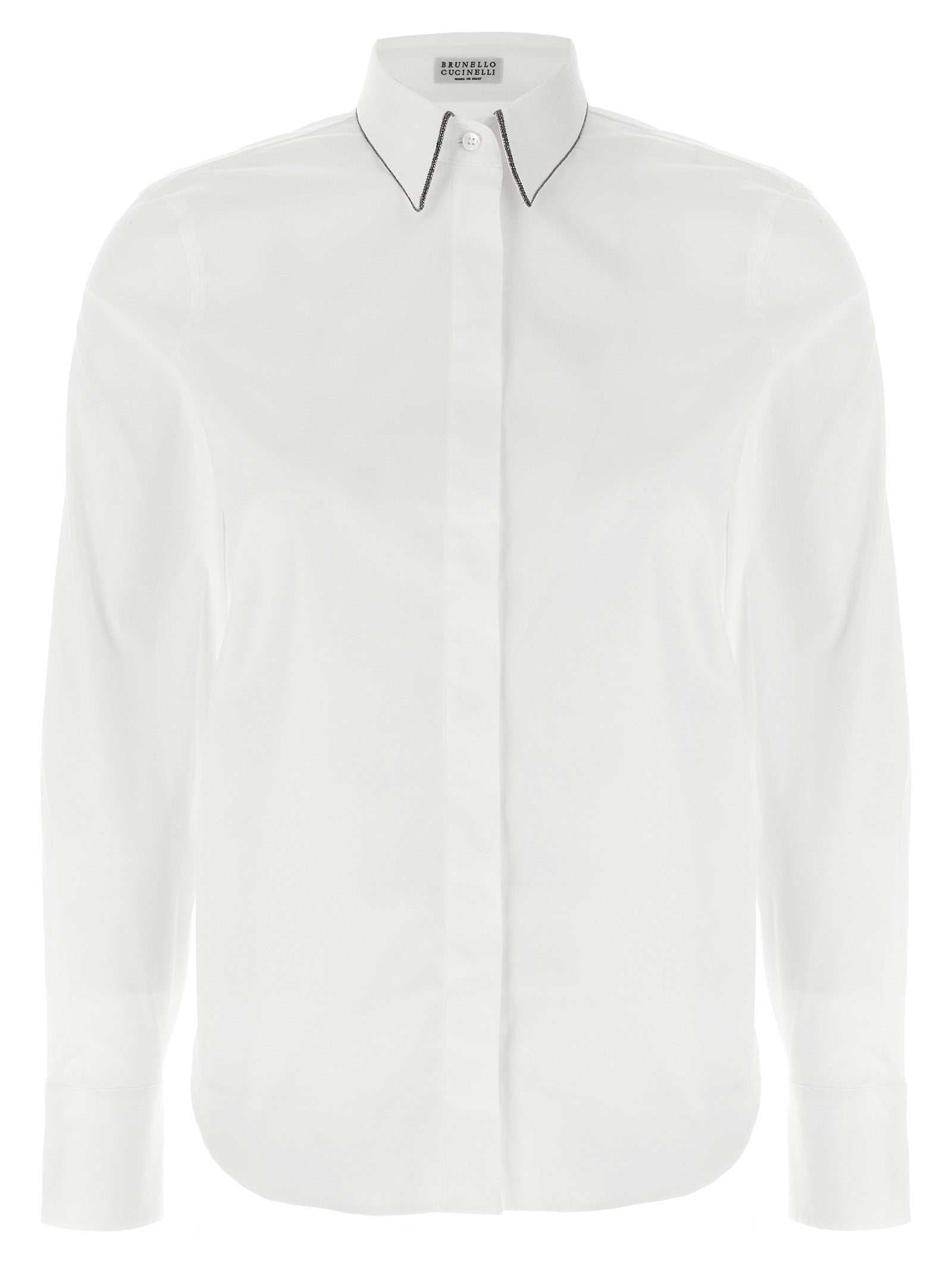 Blouse by Brunello Cucinelli for women in stretch polyamide cotton white showcases a sublime silhouette, artfully detailed with a sublime and for a sophisticated, sublime finish.