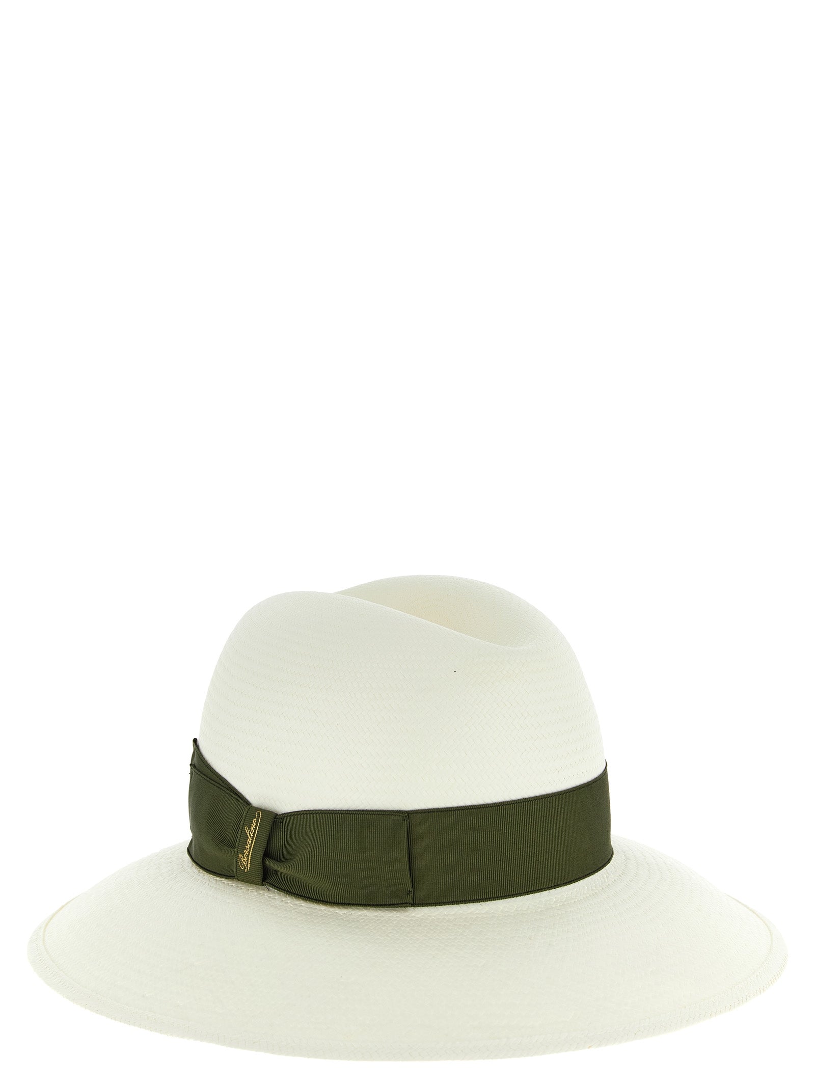 Fedora by Borsalino for women in hemp & straw bicolour & green features an avant-garde silhouette, showcasing the sophisticated design of the Fedora Hemp & Straw with an avant-garde finish.