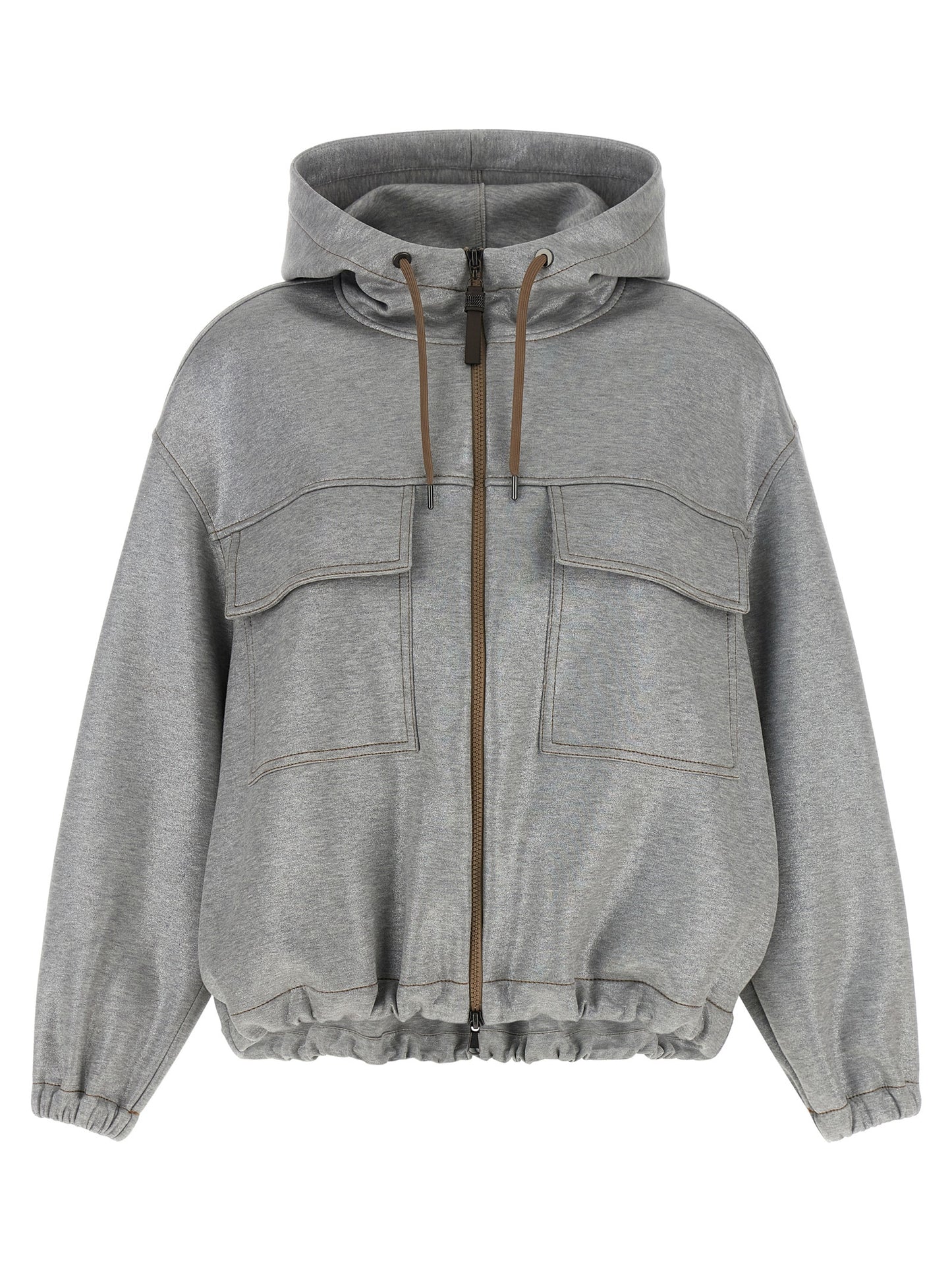 Hooded Bomber Jacket by Brunello Cucinelli for women in polyamide cotton silver features an on trend silhouette, showcasing refined hooded and a sophisticated hooded high-neck neckline for a truly on trend finish.