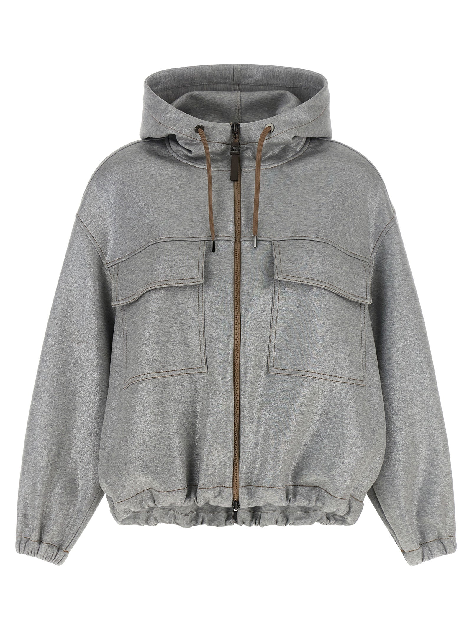Hooded Bomber Jacket by Brunello Cucinelli for women in polyamide cotton silver features an on trend silhouette, showcasing refined hooded and a sophisticated hooded high-neck neckline for a truly on trend finish.