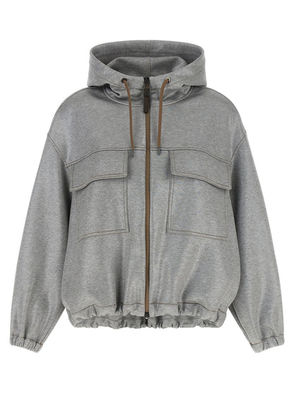 Hooded Bomber Jacket by Brunello Cucinelli for women in polyamide cotton silver features an on trend silhouette, showcasing refined hooded and a sophisticated hooded high-neck neckline for a truly on trend finish.