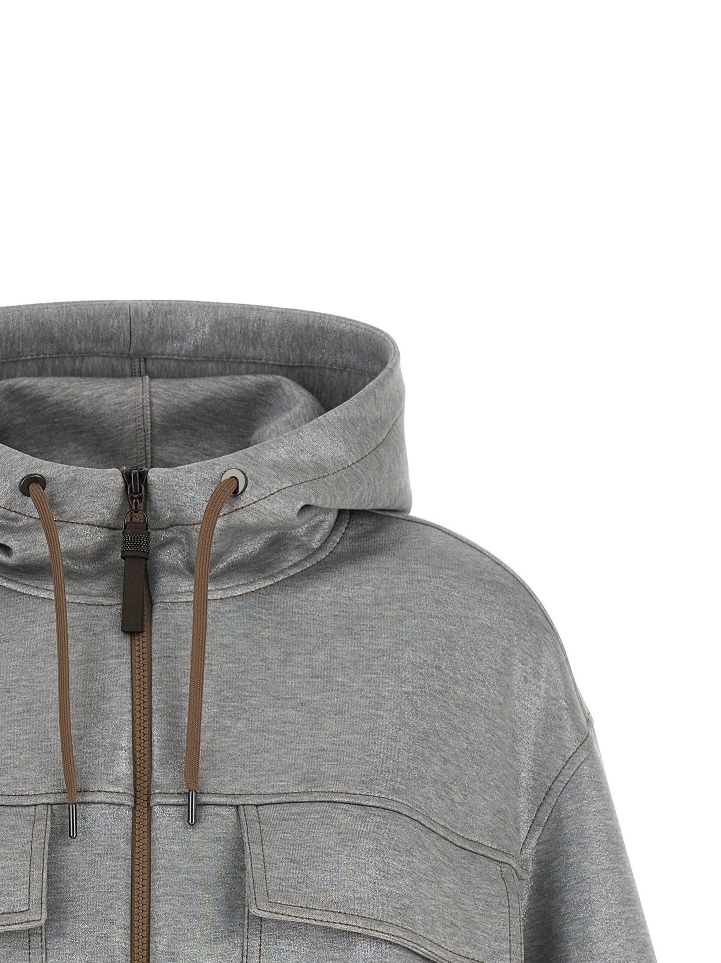 Hooded Bomber Jacket by Brunello Cucinelli for women in polyamide cotton silver features an contemporary silhouette, showcasing a sophisticated hooded high-neck neckline and contemporary hooded for a truly refined look.