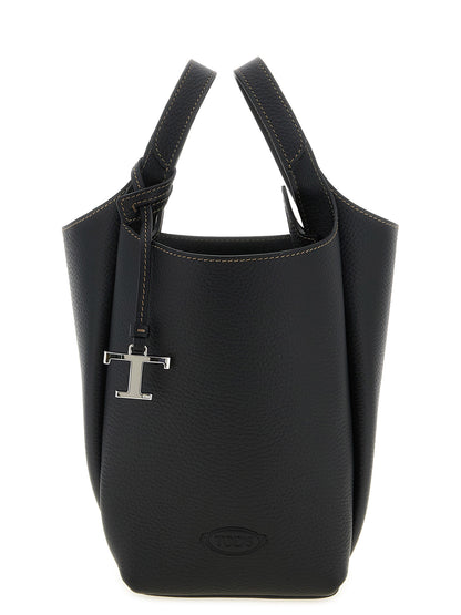 Mini Bucket Handbag by Tod's for women in calfskin leather black, silver & signature features a refined silhouette, showcasing a secure , organized , and versatile adjustable-strap, detachable-strap & handle for a refined finish.