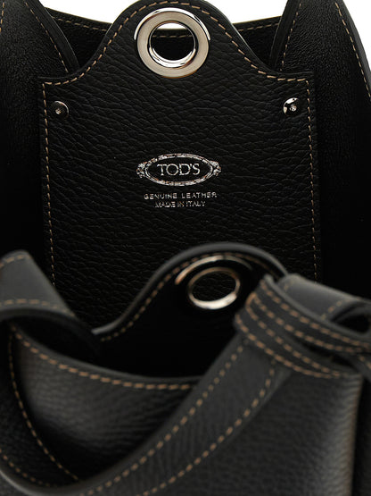 Mini Bucket Handbag by Tod's for women in calfskin leather black, silver & signature features an refined silhouette, showcasing a secure , ample , and versatile adjustable-strap, detachable-strap & handle for a sophisticated refined aesthetic.