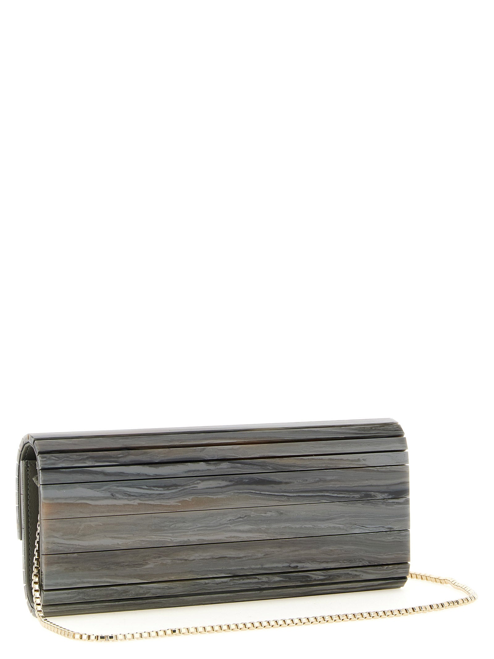 Evening Flap Clutch Handbag by Jimmy Choo for women in lambskin leather & marble gray & gold showcases a sculptural silhouette, featuring a secure flap & magnetic, ample , and versatile for a sculptural aesthetic.