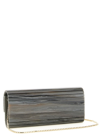 Evening Flap Clutch Handbag by Jimmy Choo for women in lambskin leather & marble gray & gold showcases a sculptural silhouette, featuring a secure flap & magnetic, ample , and versatile for a sculptural aesthetic.