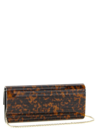 Shoulder Evening Flap Clutch Handbag by Jimmy Choo for women in polyester leather amber, beige, brown & gold features a sculptural silhouette with a secure flap & magnetic, ample , and versatile shoulder-strap for a sculptural finish.