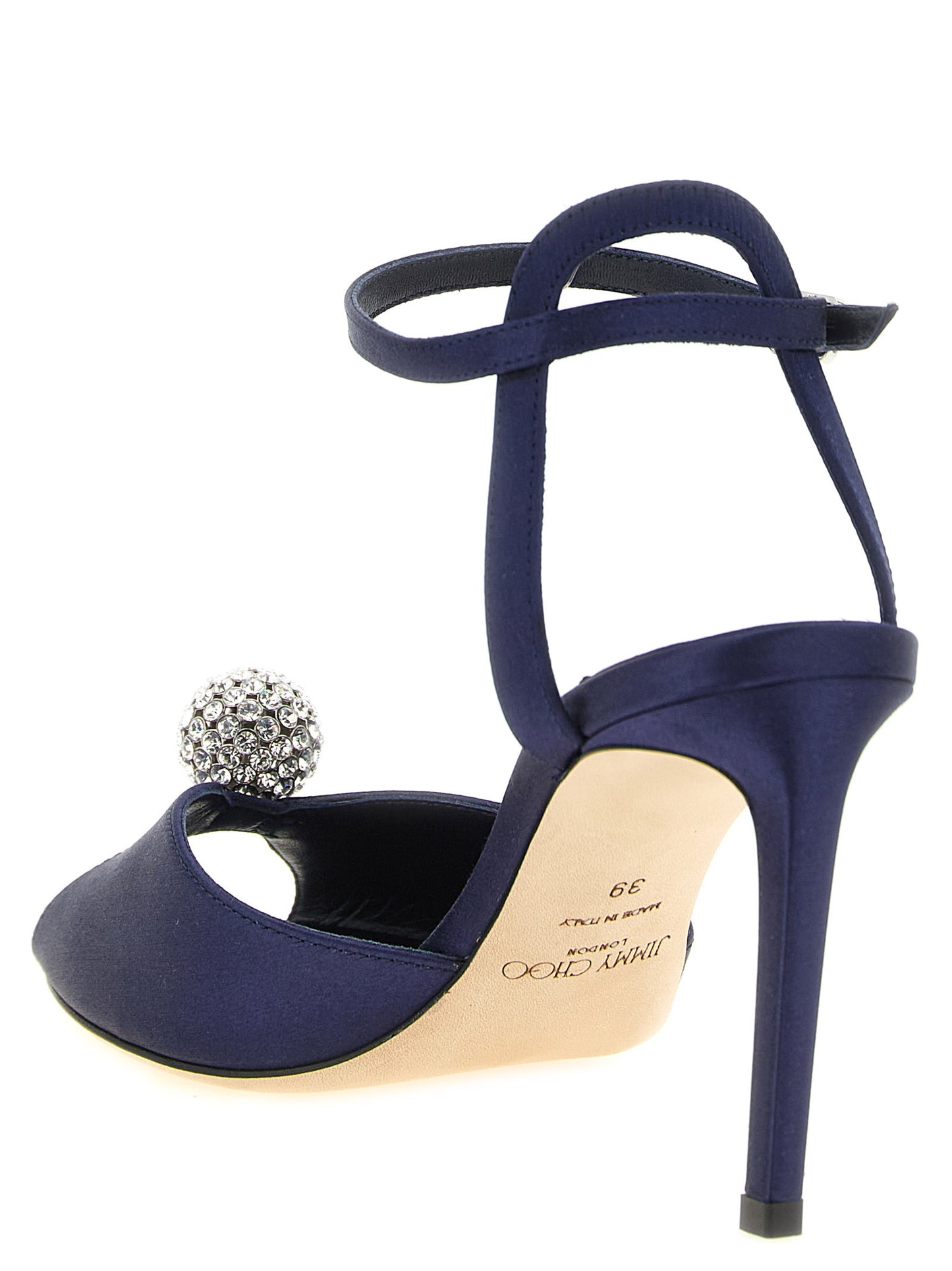 Stiletto Ankle Strap Sandals by Jimmy Choo for women in leather satin & crystal navy features an statuesque Women's Leather Satin & Crystal Stiletto Ankle Strap Sandals silhouette with a refined stiletto and elegant peep toe style.