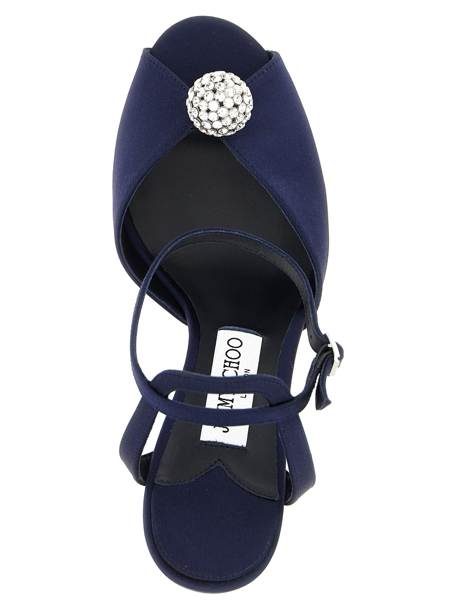 Stiletto Ankle Strap Sandals by Jimmy Choo for women in leather satin & crystal navy features an exquisite silhouette, showcasing the exquisite Women's Leather Satin & Crystal Stiletto Ankle Strap Sandals with a stiletto and peep toe style.