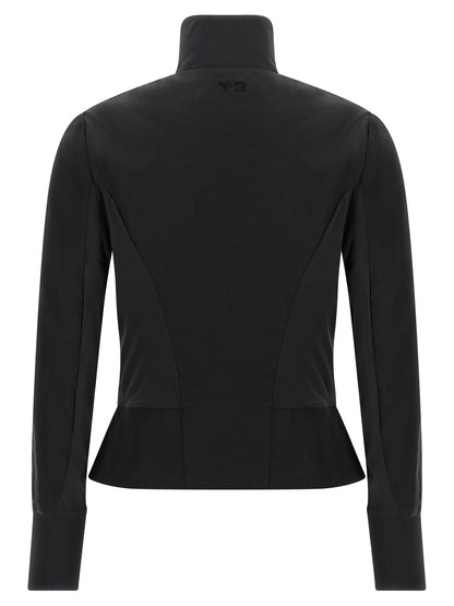 Activewear Sweatshirt by Y-3 for women in polyamide twill gradient, black & striped showcases a athletic silhouette with sleeves, a athletic high-neck neckline, and high-performance for a athletic aesthetic.