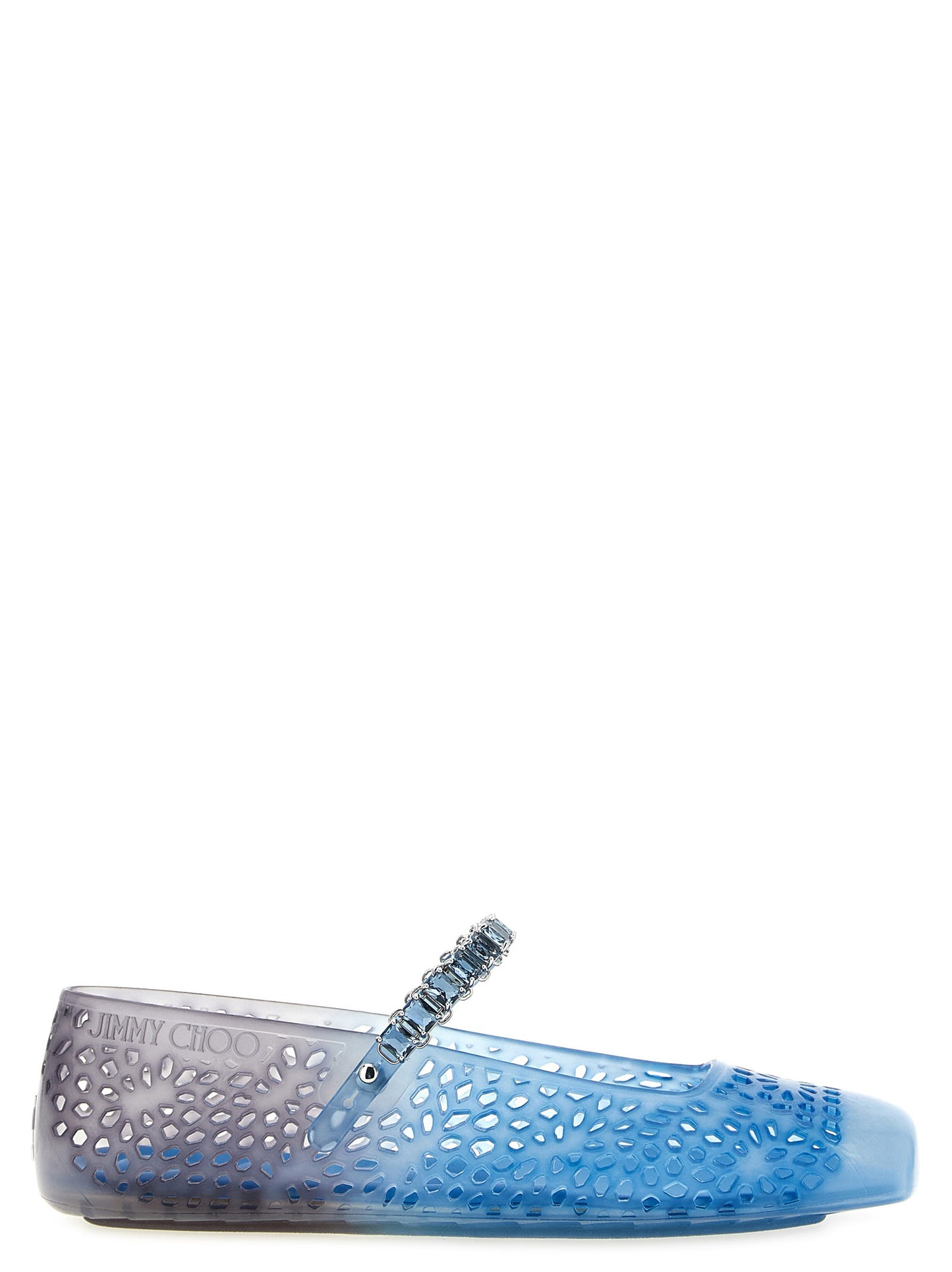 Ballet Mary-Jane Flat Shoes by Jimmy Choo for women in tu metallized fiber & denim gradient, blue, gray, silver, patterned, signature & monogram showcases a dynamic silhouette, artfully capturing Women's TU Metallized Fiber & Denim Ballet Mary-Jane Flat Shoes through its distinctive and elegant .