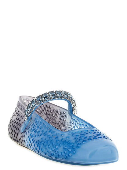 Ballet Mary-Jane Flat Shoes by Jimmy Choo for women in tu metallized fiber & denim gradient, blue, gray, silver, patterned, signature & monogram presents a impeccable silhouette as Women's TU Metallized Fiber & Denim Ballet Mary-Jane Flat Shoes, artfully designed with a and a impeccable for a refined, upscale finish.