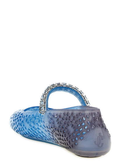 Ballet Mary-Jane Flat Shoes by Jimmy Choo for women in tu metallized fiber & denim gradient, blue, gray, silver, patterned, signature & monogram presents a impeccable silhouette as Women's TU Metallized Fiber & Denim Ballet Mary-Jane Flat Shoes, artfully designed with a and a impeccable for a refined, upscale finish.