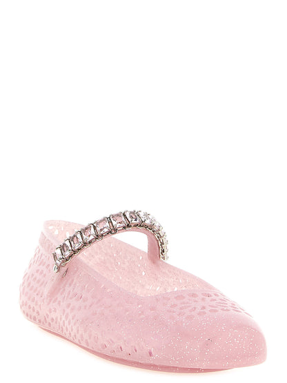 Ballet Mary-Jane Flat Shoes by Jimmy Choo for women in thermoplastic polyurethane multicolor, pink, silver & patterned showcases a dynamic silhouette, artfully capturing Women's Thermoplastic Polyurethane Ballet Mary-Jane Flat Shoes through its distinctive and elegant square toe style.