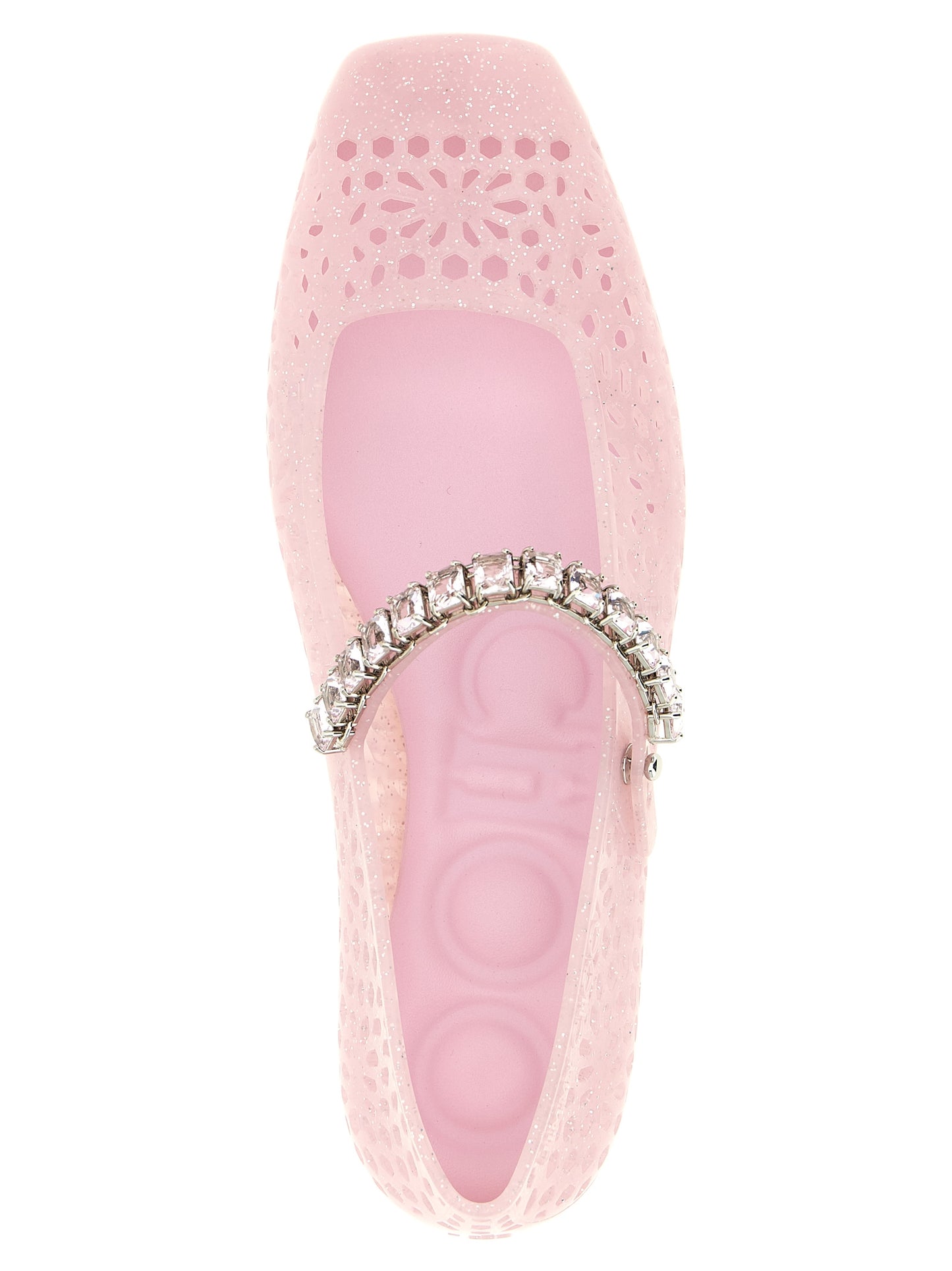 Ballet Mary-Jane Flat Shoes by Jimmy Choo for women in thermoplastic polyurethane multicolor, pink, silver & patterned presents a effortless chic silhouette, showcasing the Women's Thermoplastic Polyurethane Ballet Mary-Jane Flat Shoes design with a effortless chic and square toe style for a sophisticated look.